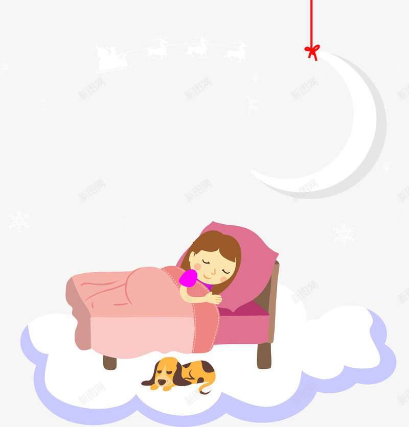 睡觉的女孩png免抠素材_88icon https://88icon.com 休息 侧身睡觉 卡通 可爱的 大床 女孩 小狗 月亮 熟睡少女 睡觉