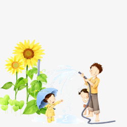 人物浇水卡通手绘给向日葵浇水的人物高清图片