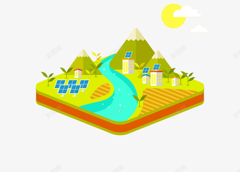 太阳能发电的太阳板png免抠素材_88icon https://88icon.com 创意 卡通 多彩 小山 手绘 河流 绿色 自然
