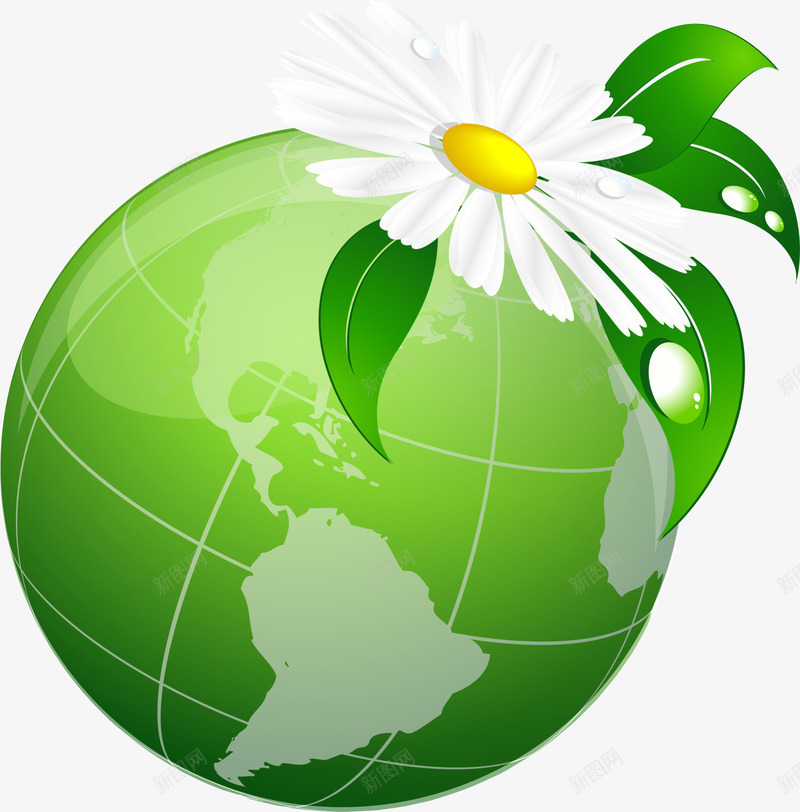 绿色科技地球png免抠素材_88icon https://88icon.com 灰色大洲 白色花朵 科技地球 绿色叶子 绿色地球 菊花