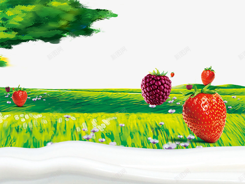 水彩画绿色草坪上的水果png免抠素材_88icon https://88icon.com 动感牛奶 大树 树莓 水彩画绿色草坪上的水果 草地 草莓