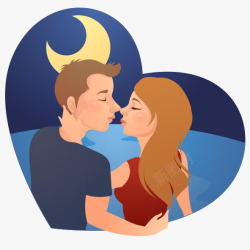 手绘插图两人相爱倾心手绘卡通人物插图月亮下拥吻的情高清图片