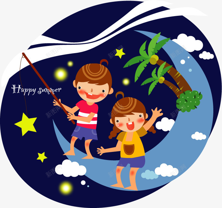 儿童暑假png免抠素材_88icon https://88icon.com 儿童 卡通 夜晚 女孩 暑假 月亮 玩耍 男孩