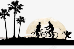 椰子树剪影情侣骑自行车图高清图片