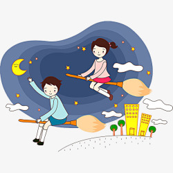 插画骑着魔法扫帚的男孩和女孩素材