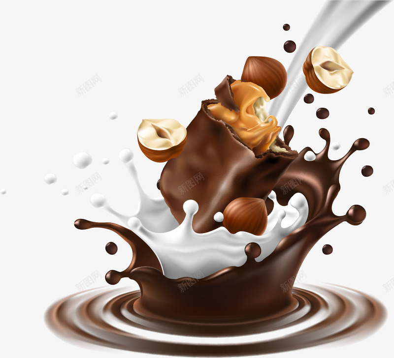手绘巧克力牛奶png免抠素材_88icon https://88icon.com 坚果 坚果巧克力 手绘 核桃 榛子 溅起的液体 牛奶巧克力