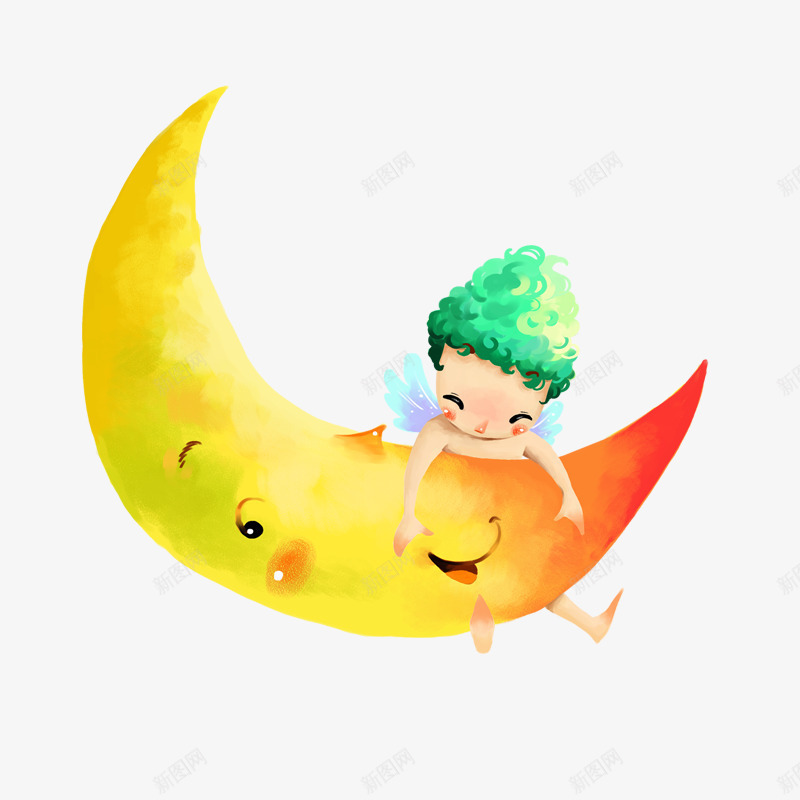 月亮小男孩png免抠素材_88icon https://88icon.com 卡通 可爱 小天使 弯月亮 手绘