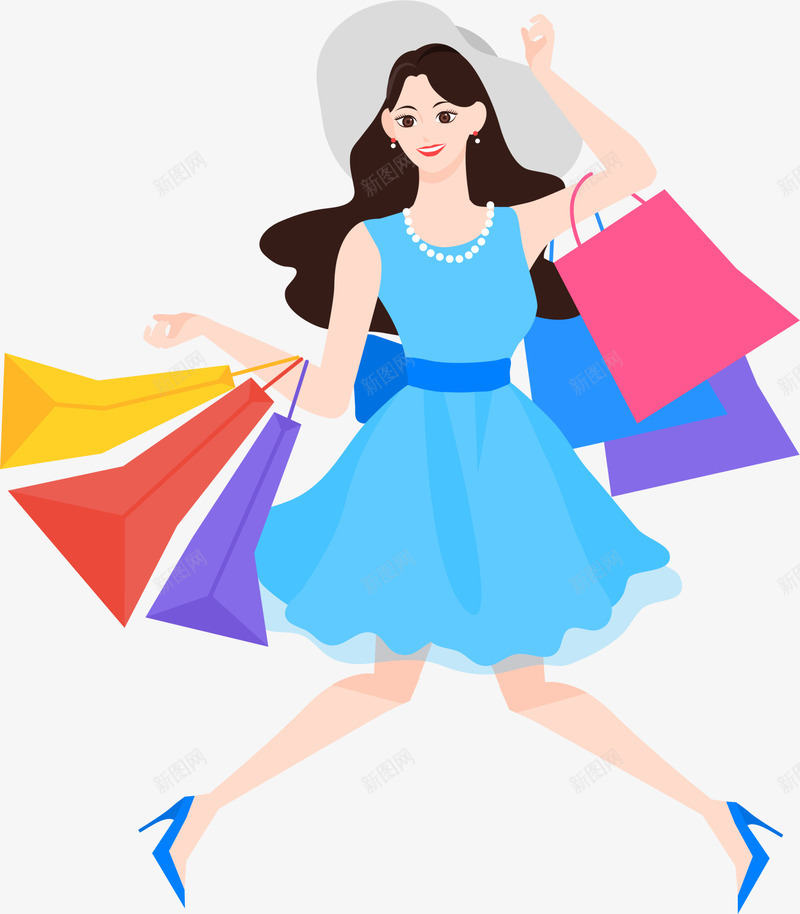 创意购物女人png免抠素材_88icon https://88icon.com 多彩手提袋 开心 水彩 白色帽子 蓝色裙子 购物女人