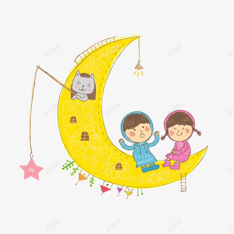 坐在黄色月亮上的小朋友png免抠素材_88icon https://88icon.com 儿童 六一儿童节 卡通人物 背景装饰 黄色月亮