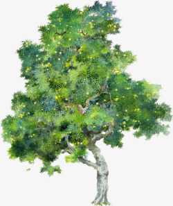 手绘漫画蓝绿色大树装饰素材