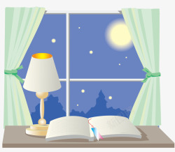 夜晚的月亮台灯和书本素材
