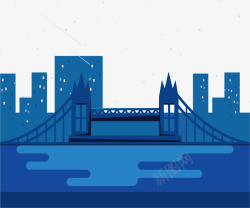 手绘创意蓝色大桥建筑物矢量图素材