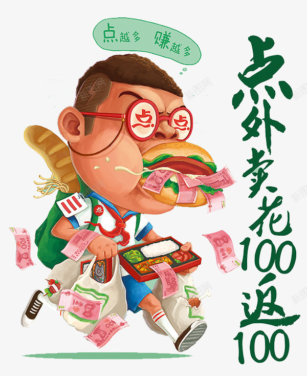 点外卖花100返100png免抠素材_88icon https://88icon.com 卡通 手绘 漫画 点外卖花100返100 点越多 赚越多