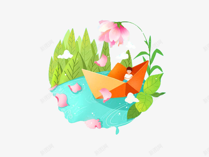 卡通png免抠素材_88icon https://88icon.com 小人儿 小船 手绘 树木 纸船 花朵