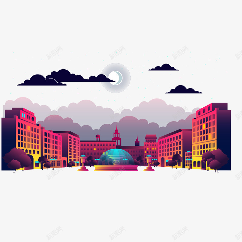 夜间城市png免抠素材_88icon https://88icon.com 乌云 卡通 发光 喷泉 城市 建筑 手绘 暖色调 月亮