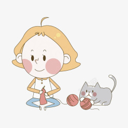 织毛衣的女孩和小猫素材