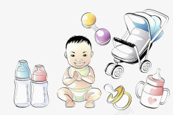 卡通小孩奶瓶婴儿车素材