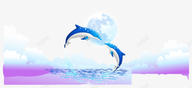 海豚矢量图ai免抠素材_88icon https://88icon.com 月亮 波浪 海上 海豚 矢量图