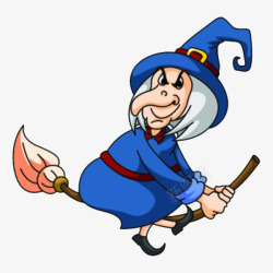 卡通坐在魔法扫帚上的老女巫素材