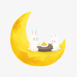 躺着吃月饼手绘卡通玉兔坐在月亮上吃月饼高清图片