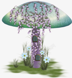 紫色蘑菇长满花藤的蘑菇屋高清图片