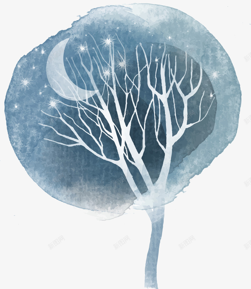 简约的树木中透着月亮png免抠素材_88icon https://88icon.com 北欧 小清新 手绘 月亮 树木 水彩 白色树干 简单 简约
