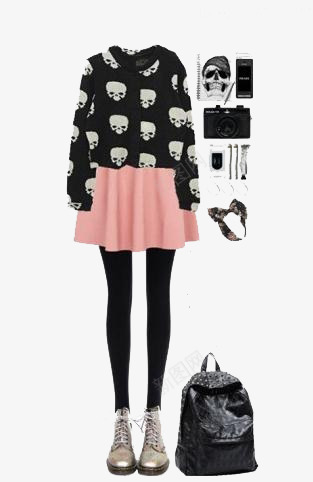 骷髅头个性上衣搭配图png免抠素材_88icon https://88icon.com 个性 产品实物 女装 春秋搭配 潮流搭配 粉色短裙 骷髅头上衣