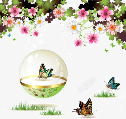 透明圆球蝴蝶花朵插画矢量图素材