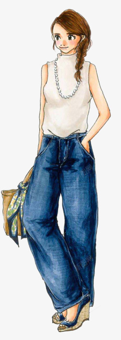 卡通手绘穿蓝色裤子的女人素材