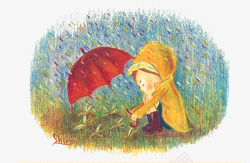 小苗芽手绘雨天小男孩插画高清图片