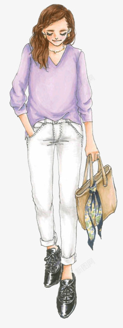 卡通手绘穿白色裤子的女人素材