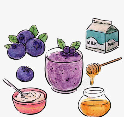 牛奶蜂蜜和蓝莓熊果苷平面手绘图素材