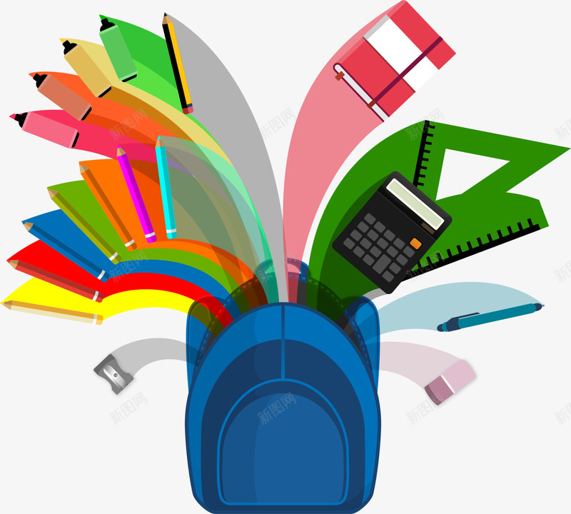 开学季卡通蓝色书包png免抠素材_88icon https://88icon.com 卡通书包 多彩书本 学习用品 开学季 教育 蓝色书包