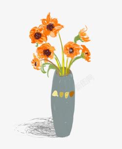 手绘花瓶和菊花素材
