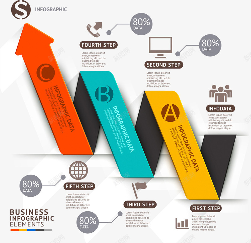 商务信息图表示意图png免抠素材_88icon https://88icon.com PPT 信息 商务 图表 多彩 折叠 步骤 流程 示意图 箭头 统计 说明