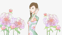 卡通手绘复古中国风站在花朵素材