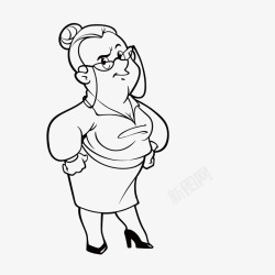 手绘卡通线描带眼镜胖女人素材