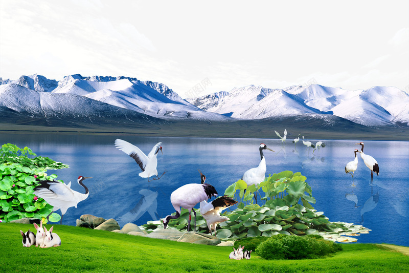 美丽的天池png免抠素材_88icon https://88icon.com 仙鹤 天池 湖 草地 雪山 雪山索道
