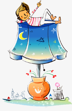 手绘儿童躺在电灯上素材