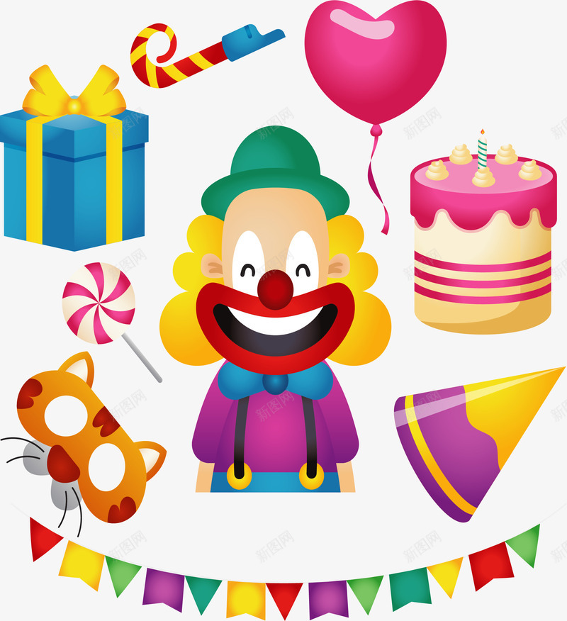 庆祝生日派对小丑矢量图ai免抠素材_88icon https://88icon.com 小丑 派对小丑 生日快乐 生日派对 矢量png 粉色蛋糕 矢量图