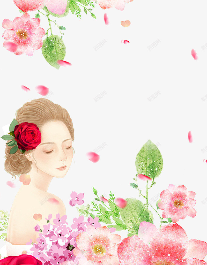 卡通手绘春季花丛里的女人psd免抠素材_88icon https://88icon.com 卡通 季花丛里的女人 手绘 春 粉色的花朵 绿色的树叶 飘散的花瓣