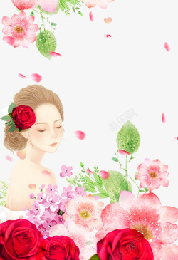 粉色春卡通手绘春季花丛里的女人高清图片