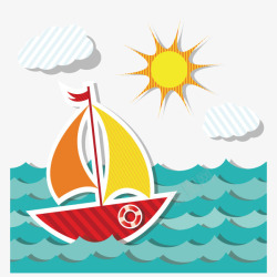 航帆卡通图案航海帆船太阳海浪高清图片