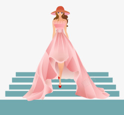 走梯台的粉色长裙女人素材