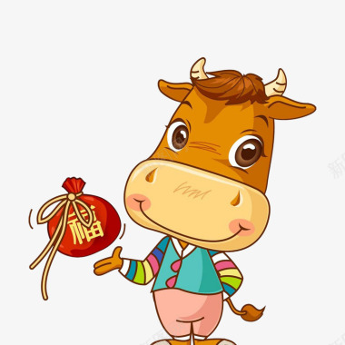 猪年吉祥可爱牛和福袋牛干巴标识图标图标