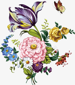 手绘牡丹花朵植物彩色蝴蝶素材