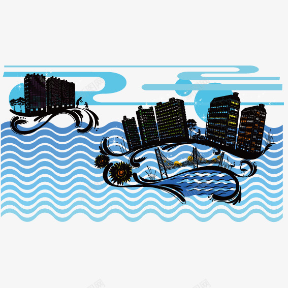 海上城市矢量图ai免抠素材_88icon https://88icon.com 城市 波浪 海水 矢量图