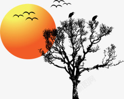 剪影树木和太阳矢量图素材