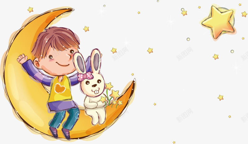 月亮上的小男孩png免抠素材_88icon https://88icon.com 小男孩 星星 月亮 白兔
