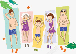 卡通手绘一家人在沙滩晒太阳的图素材